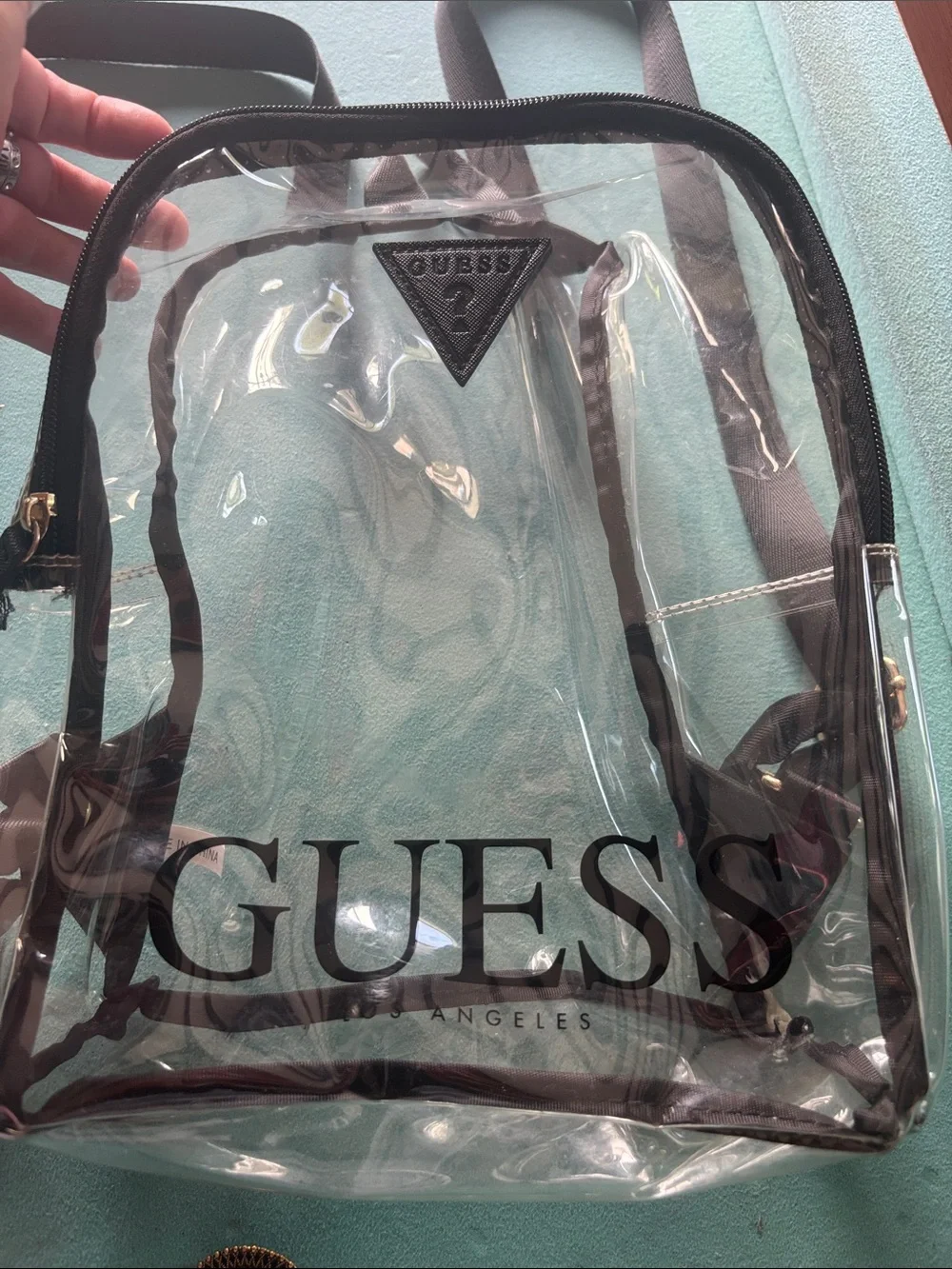 GUESS stadium Clear Black Trim logo Backpack - Transparent Stadium Bag